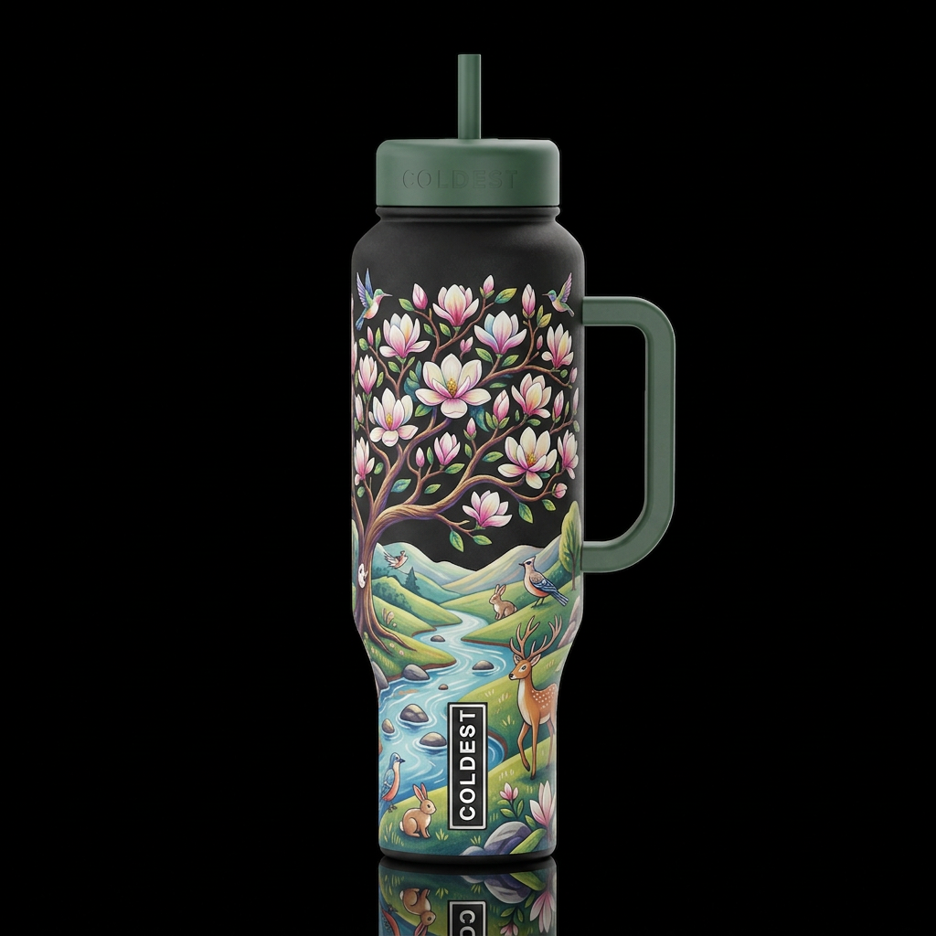 vibrant colors whimsical, majestic magnolia tree i... water bottle design