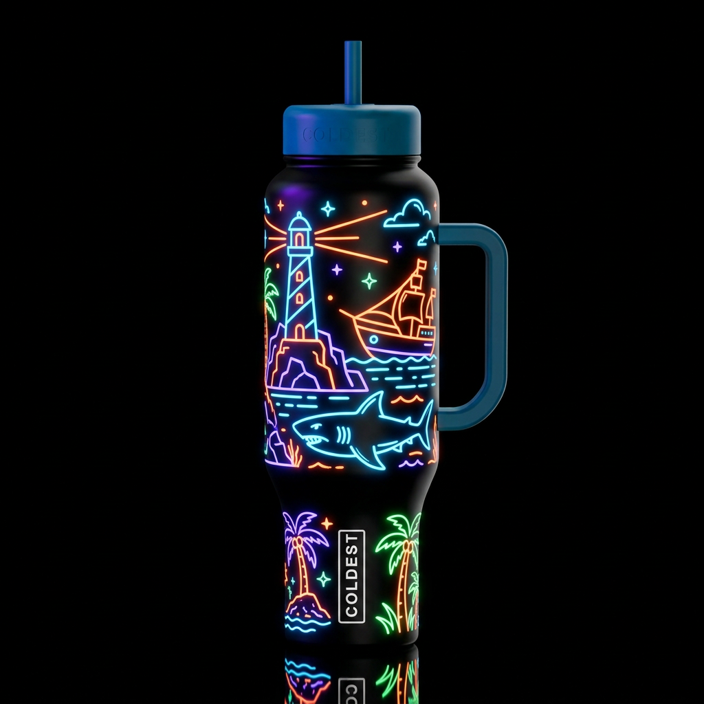 lighthouse, ship shark neon lights rocks, whimsica... water bottle design