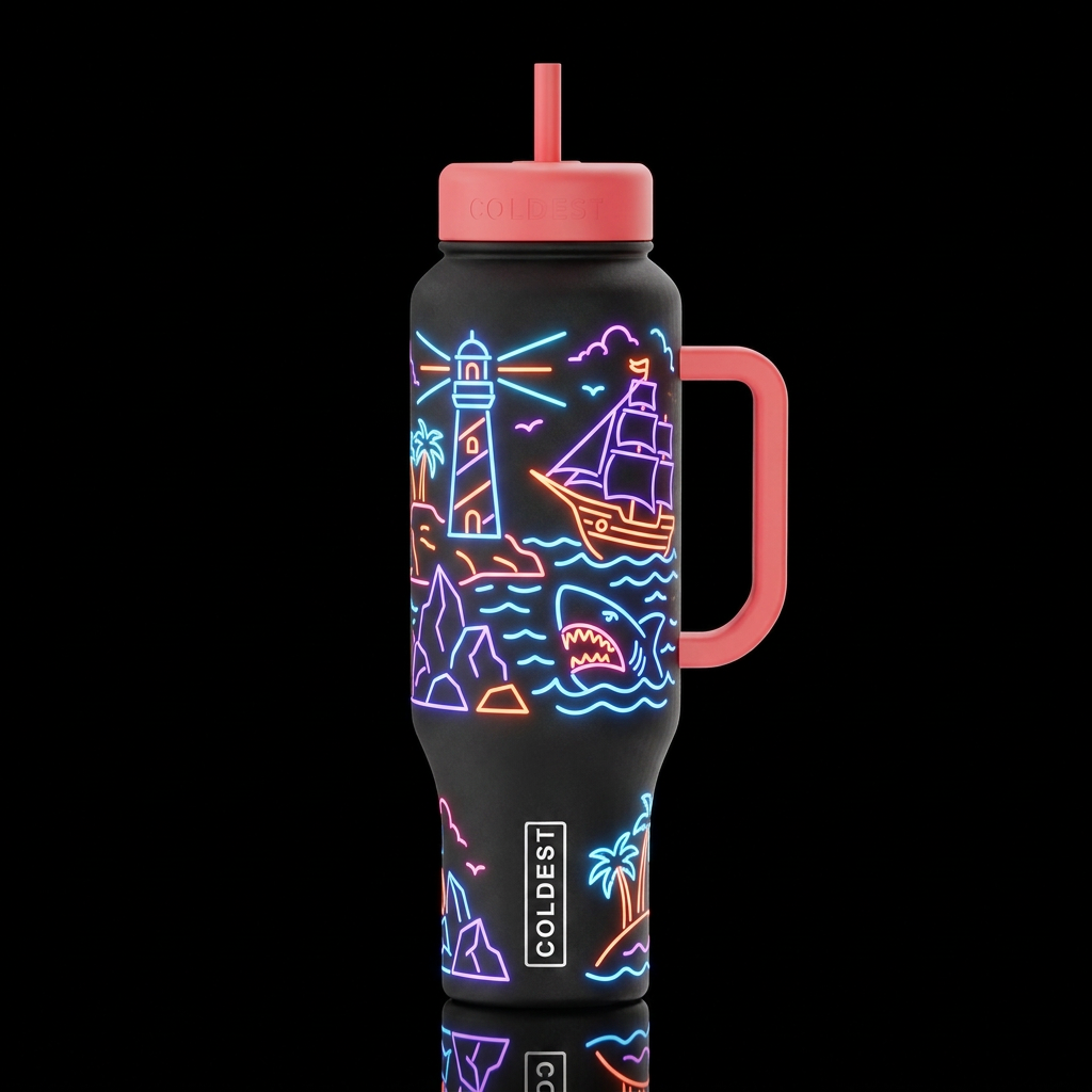 lighthouse, ship shark neon lights rocks, whimsica... water bottle design