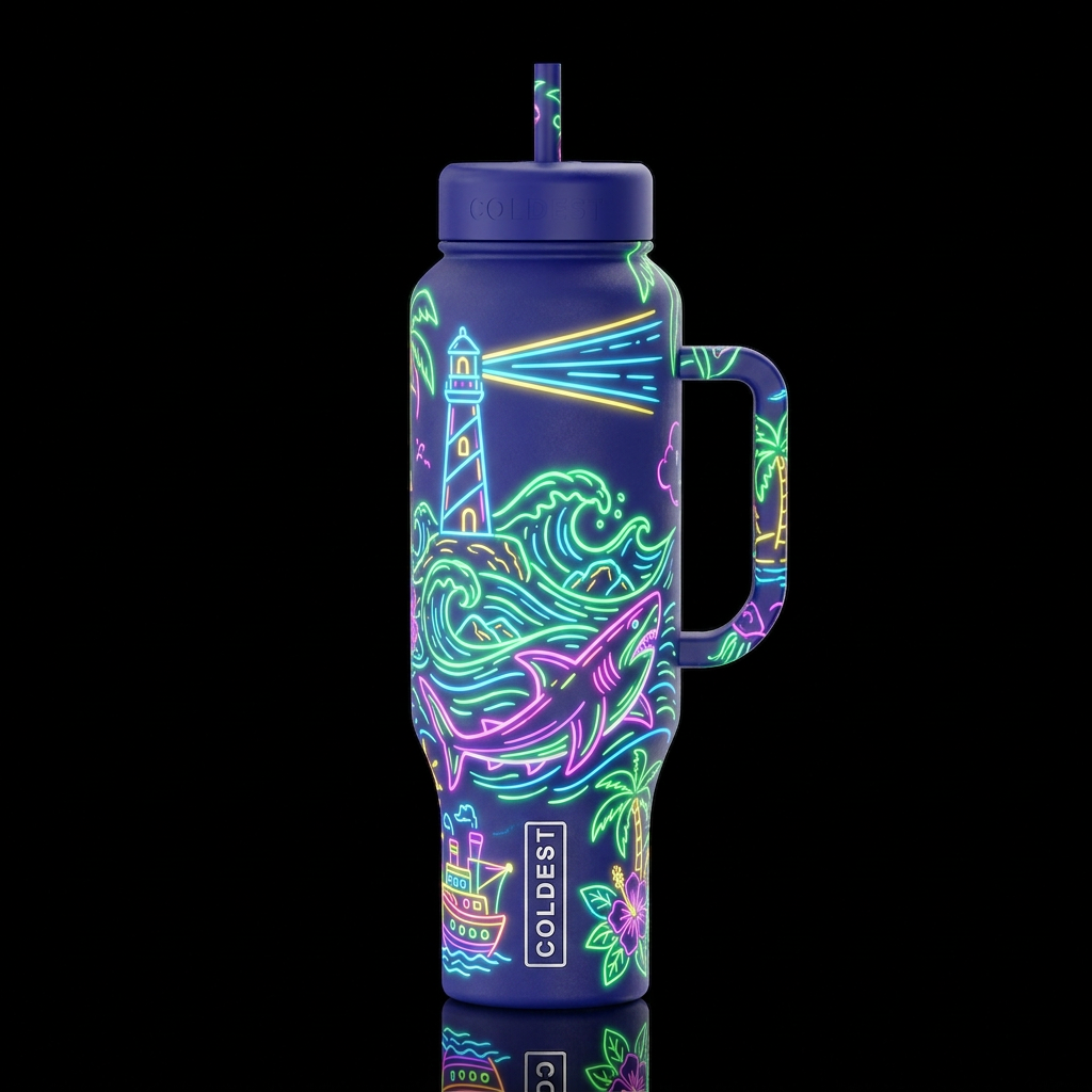 lighthouse, ship shark neon lights rocks, whimsica... water bottle design