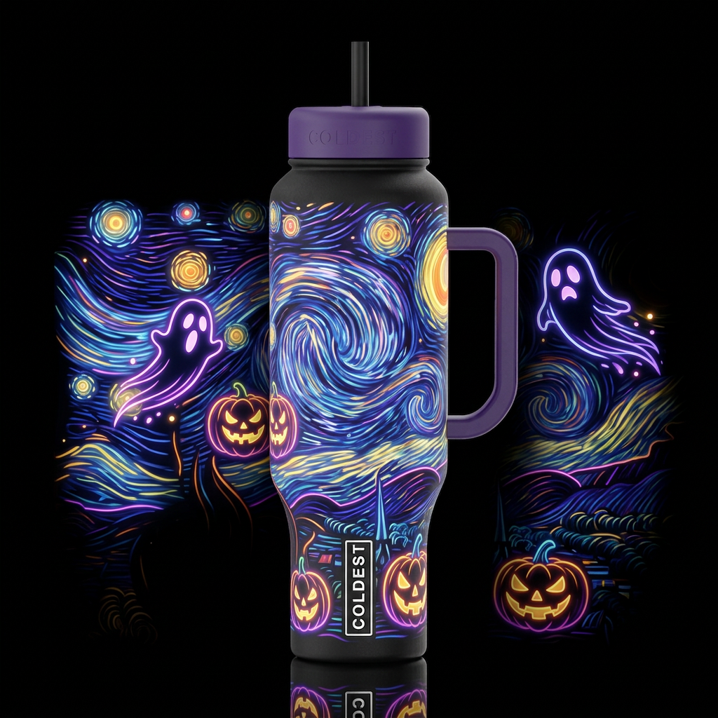 ghosts jack o lanterns Starry Night neon light glo... water bottle design