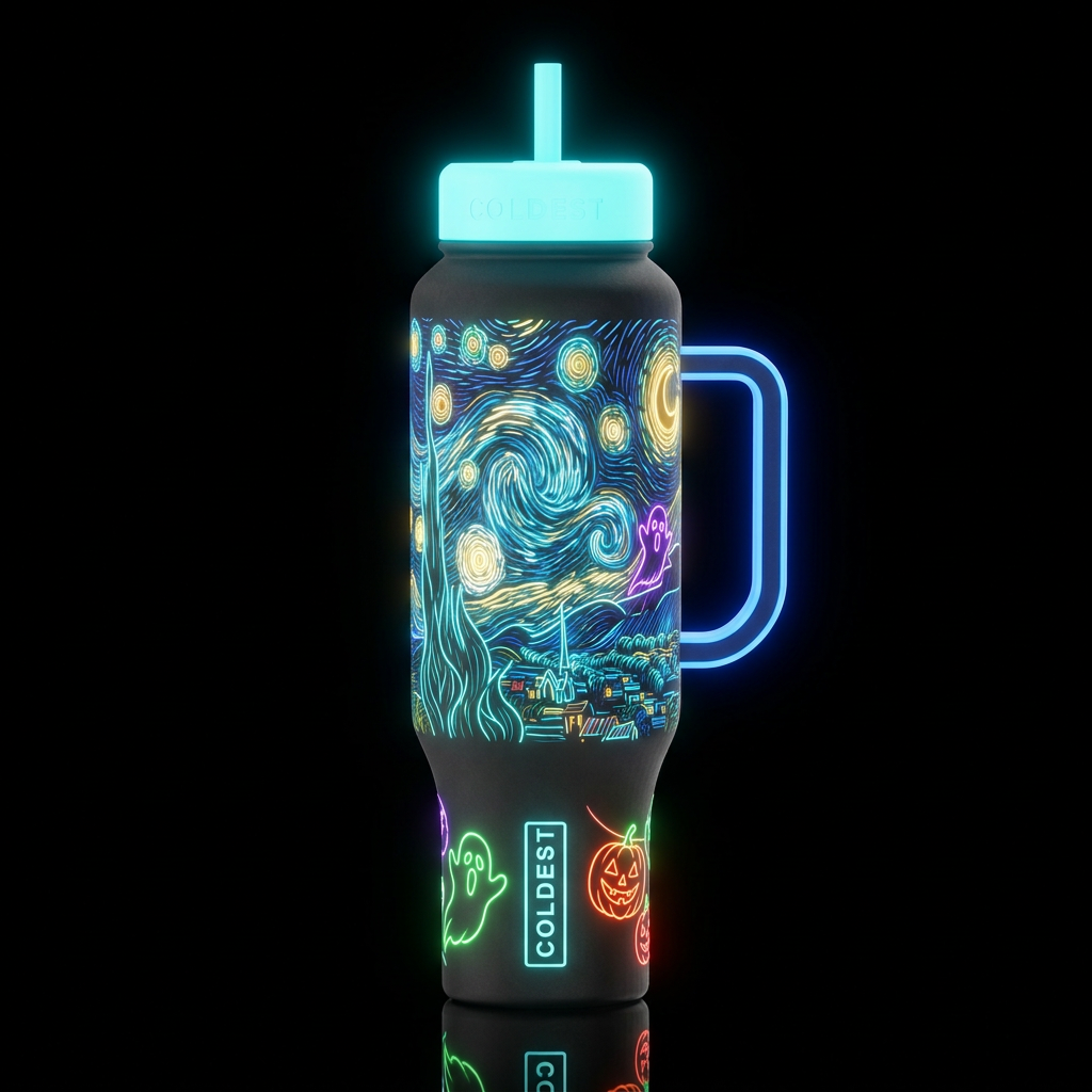 ghosts jack o lanterns Starry Night neon light glo... water bottle design