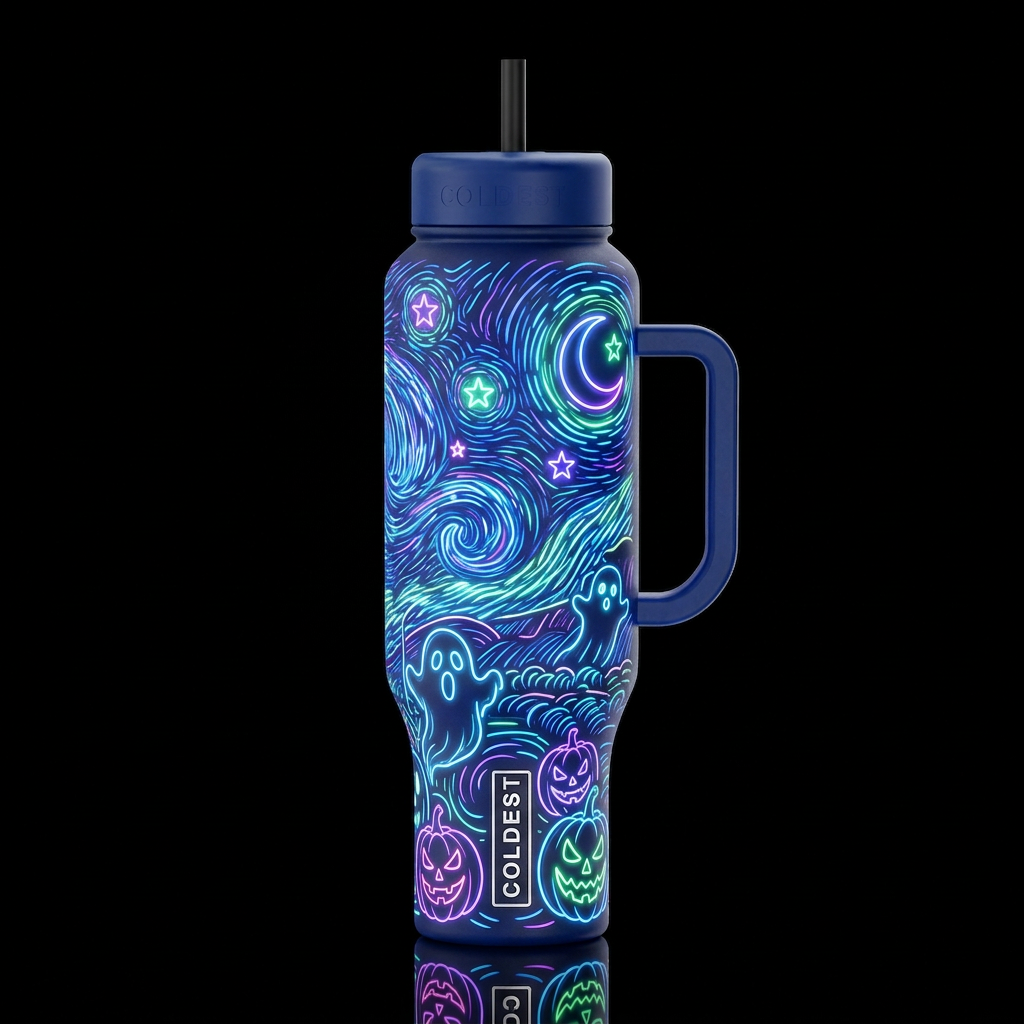 ghosts jack o lanterns Starry Night neon light glo... water bottle design