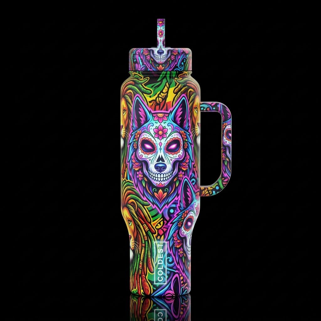 reggae, wolf, day of the dead glowie vibrant color... water bottle design