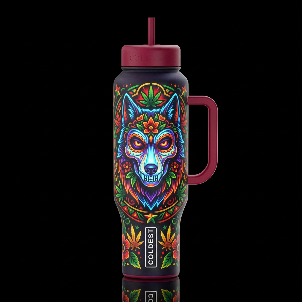 reggae, wolf, day of the dead glowie vibrant color... water bottle design