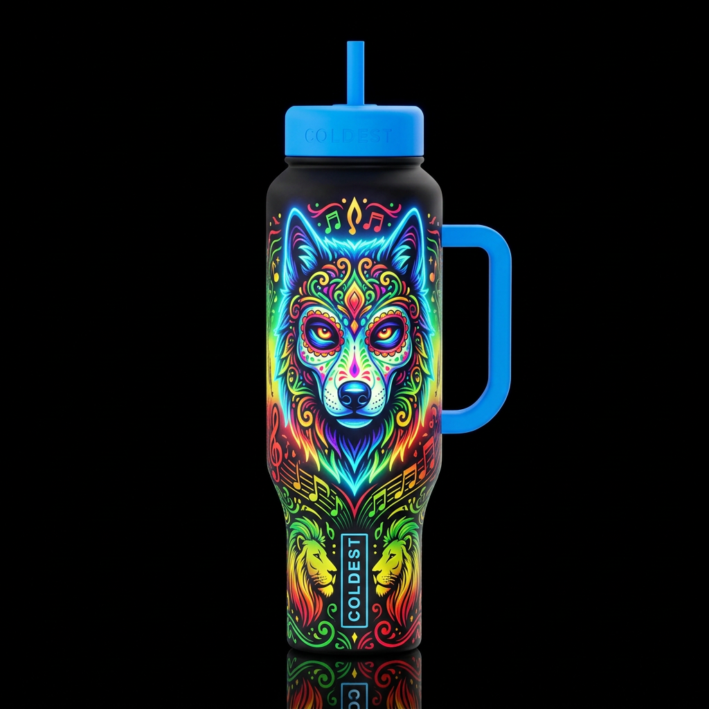 reggae, wolf, day of the dead glowie vibrant color... water bottle design