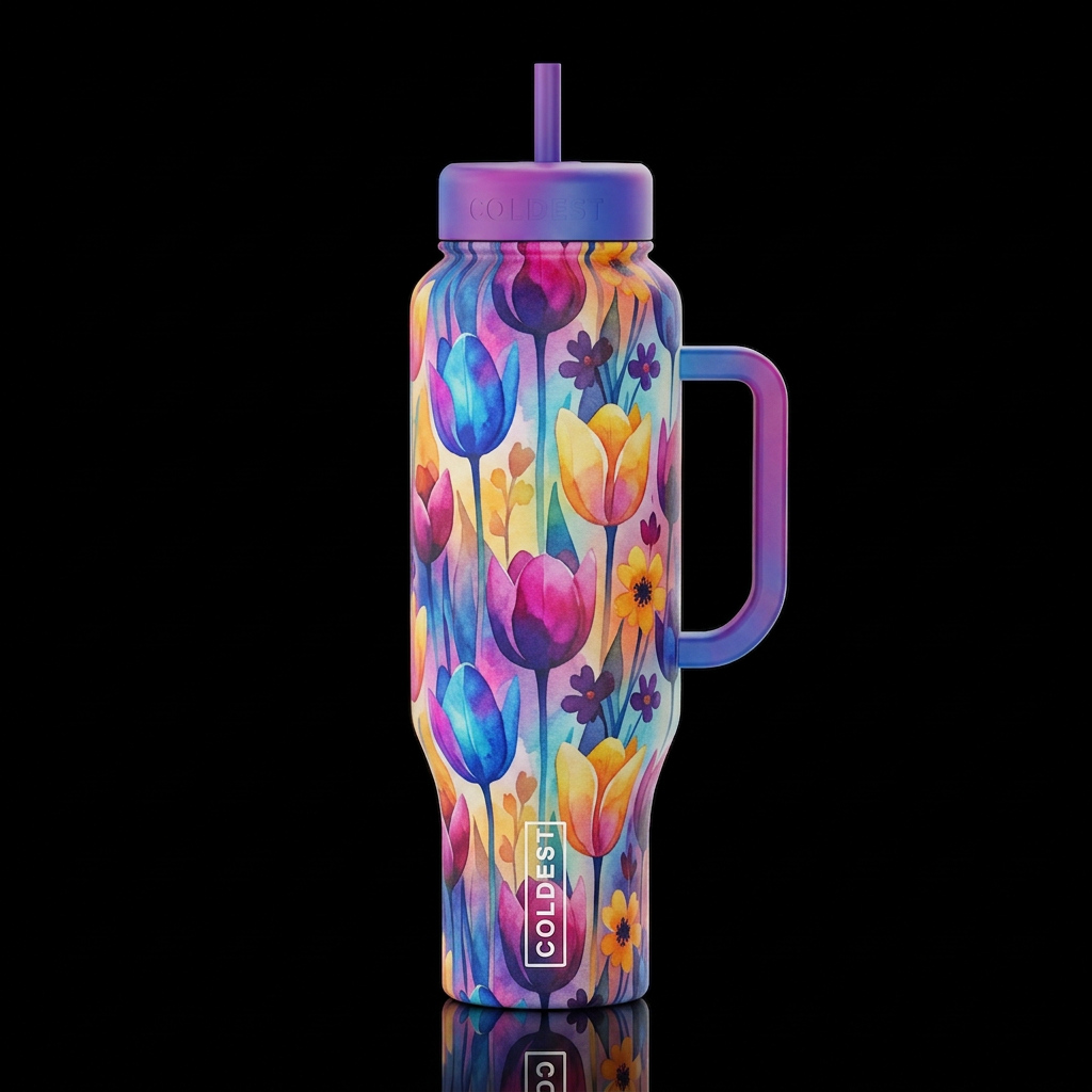 Mid century abstract watercolor tulips, wildflower... water bottle design