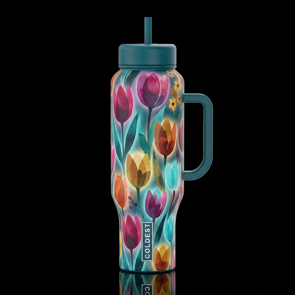 Mid century abstract watercolor tulips, wildflower... water bottle design