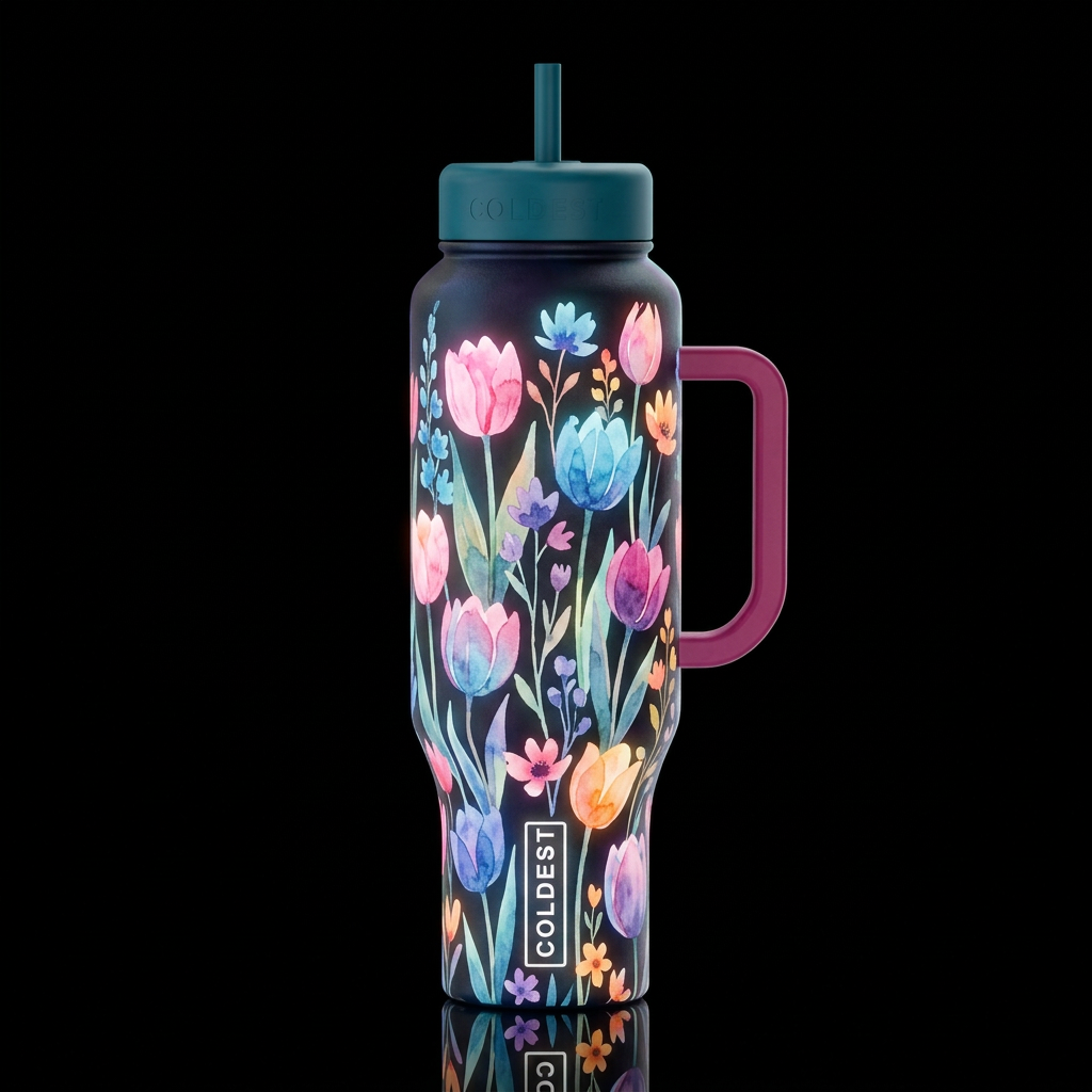 Mid century abstract watercolor tulips, wildflower... water bottle design