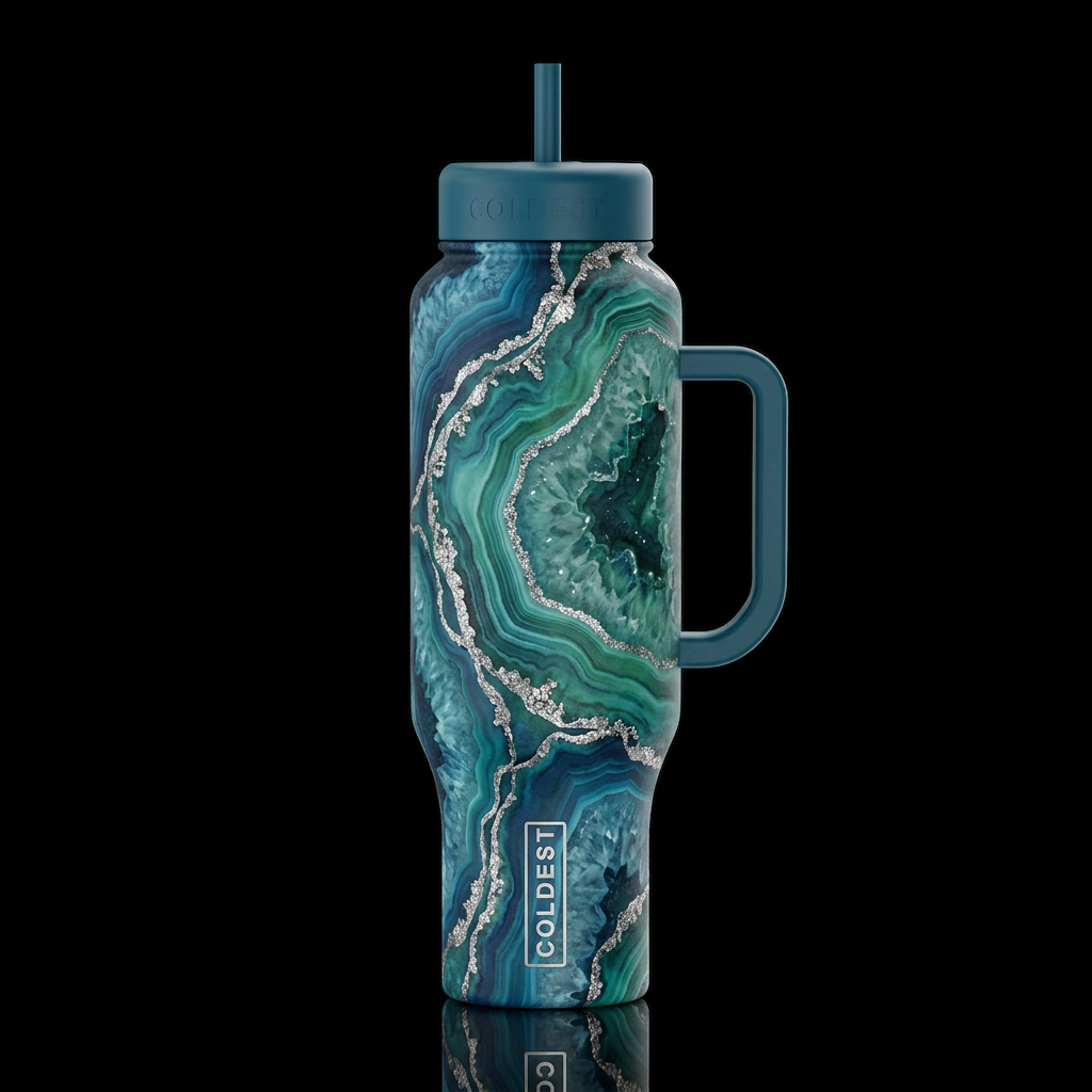 geode a slow drift in blues and greens silver water bottle design