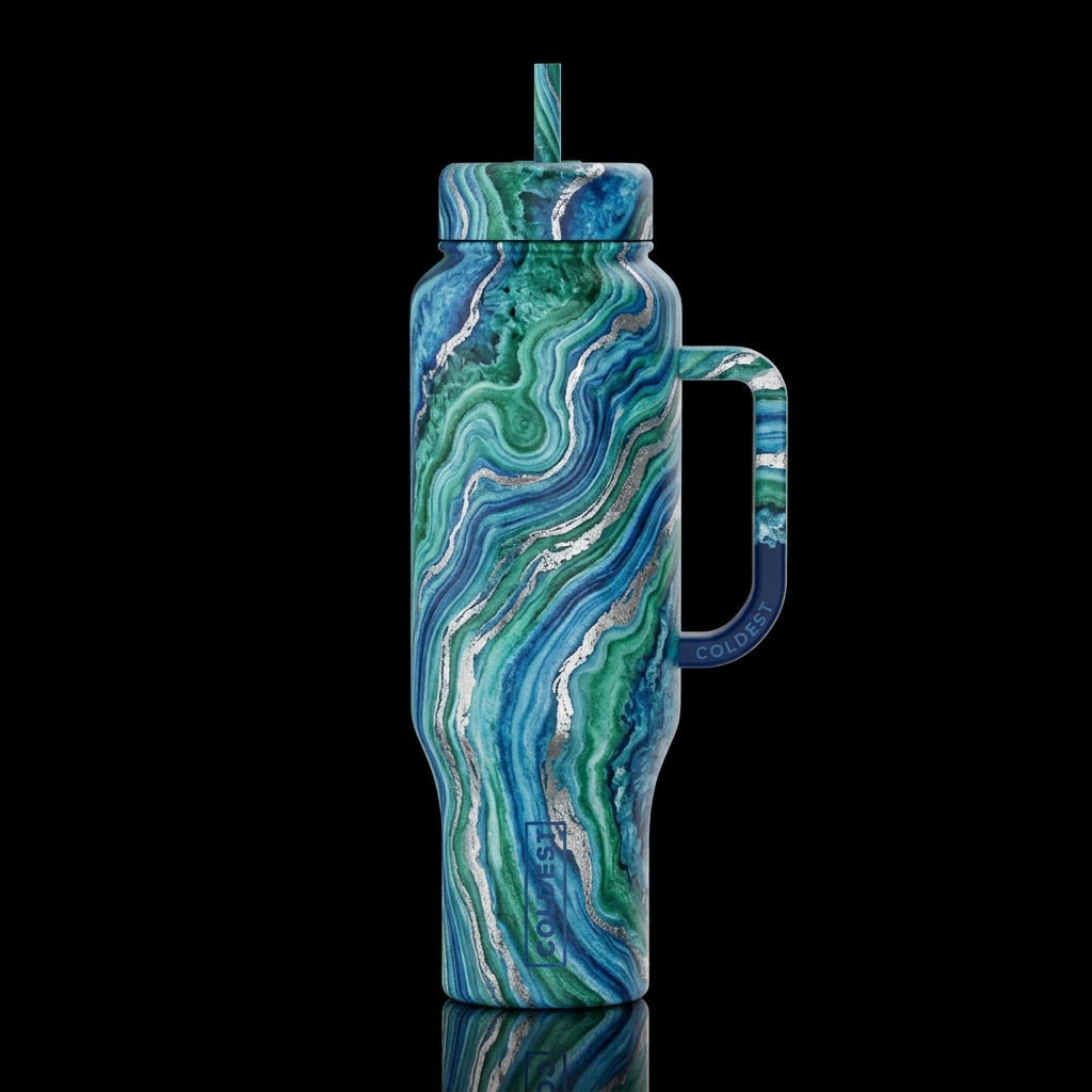 geode a slow drift in blues and greens silver water bottle design