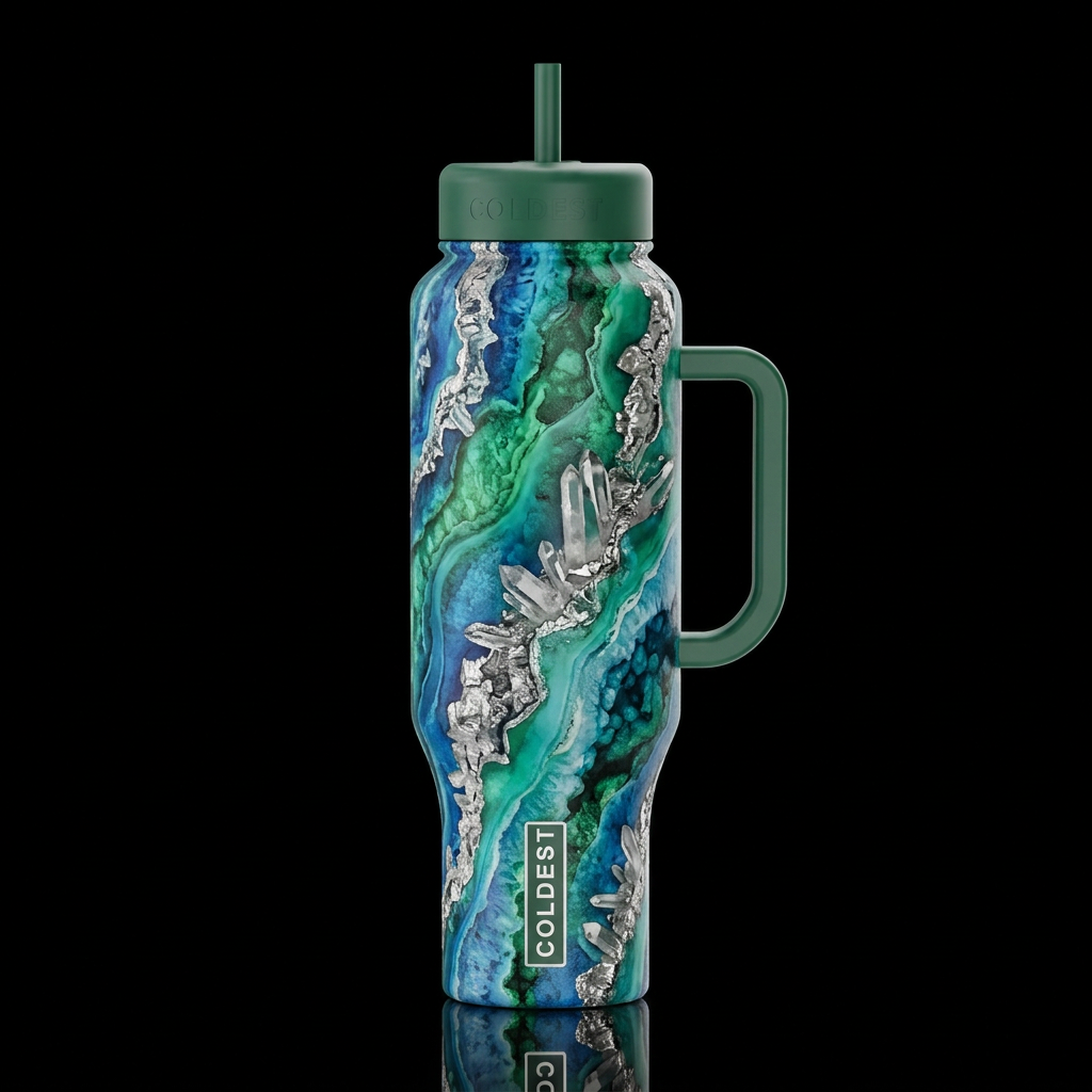 geode a slow drift in blues and greens silver water bottle design