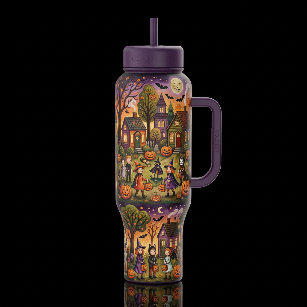 Halloween folk art trick or treat village inspired... water bottle design