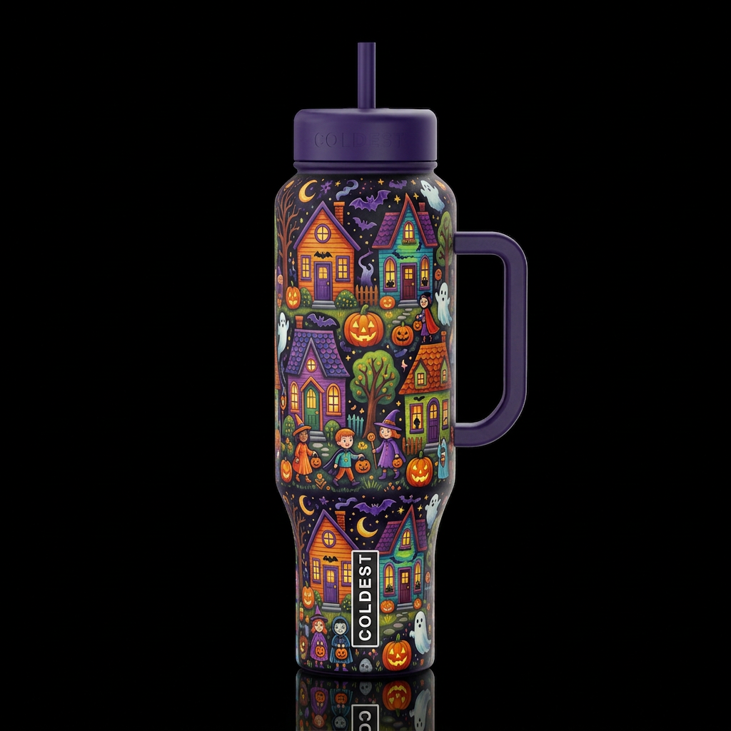 Halloween folk art trick or treat village inspired... water bottle design