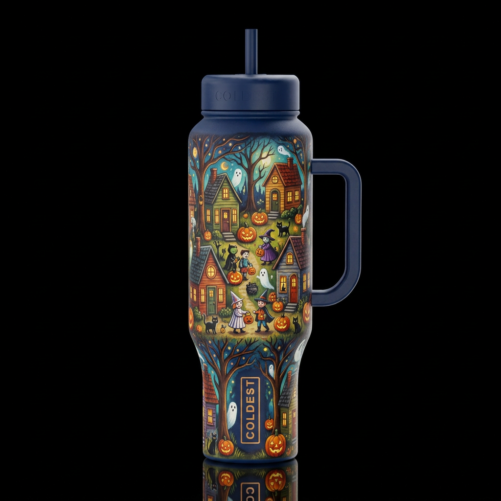 Halloween folk art trick or treat village inspired... water bottle design