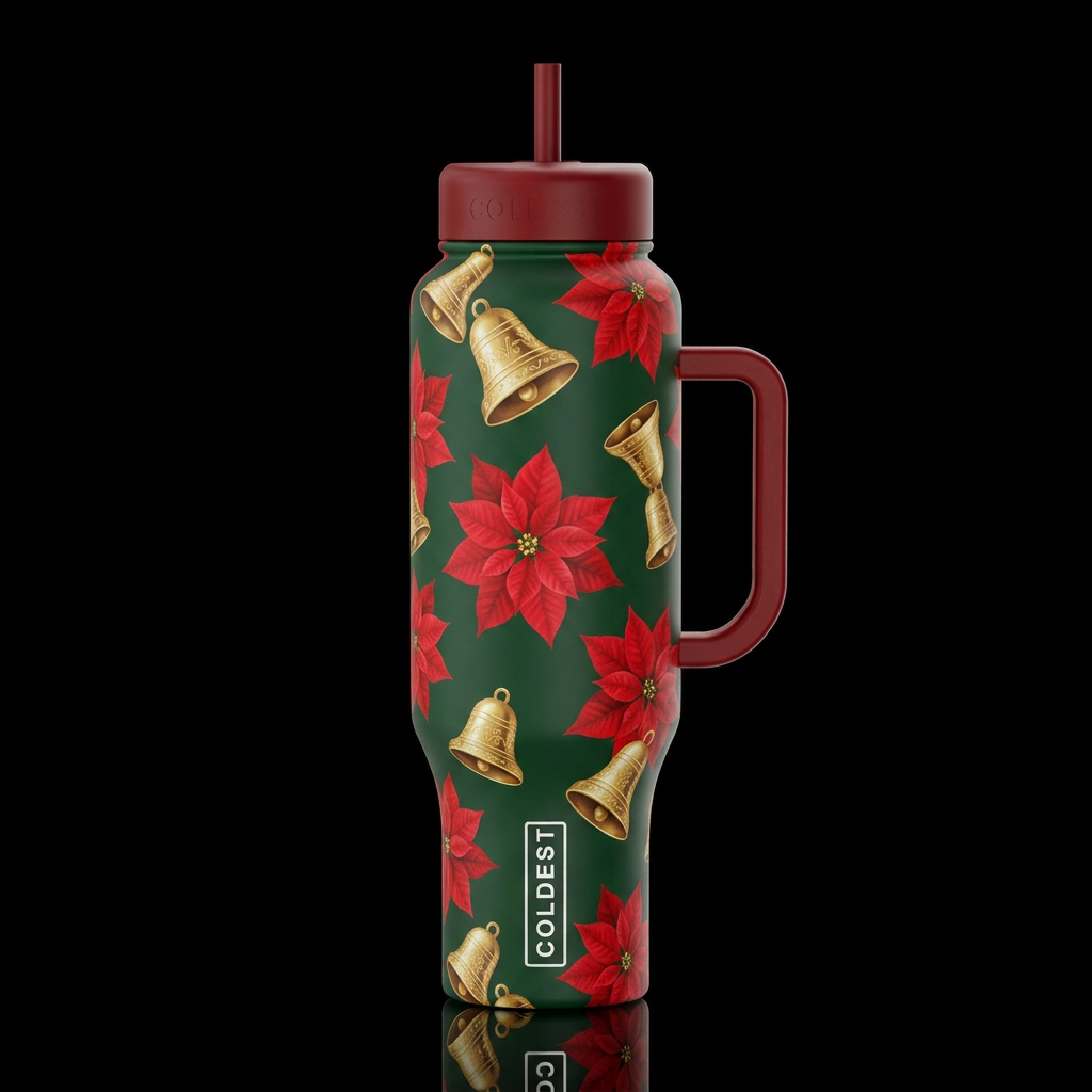 floating red poinsettias with floating gold bells ... water bottle design
