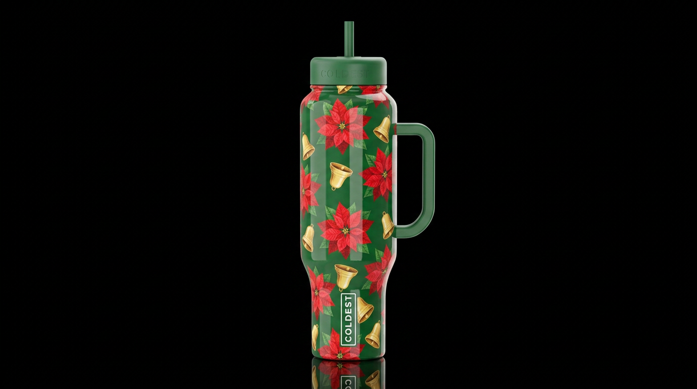 floating red poinsettias with floating gold bells ... water bottle design