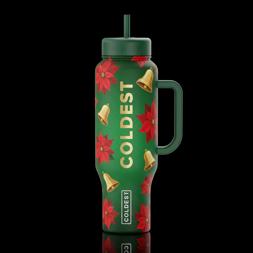 floating red poinsettias with floating gold bells ... water bottle design