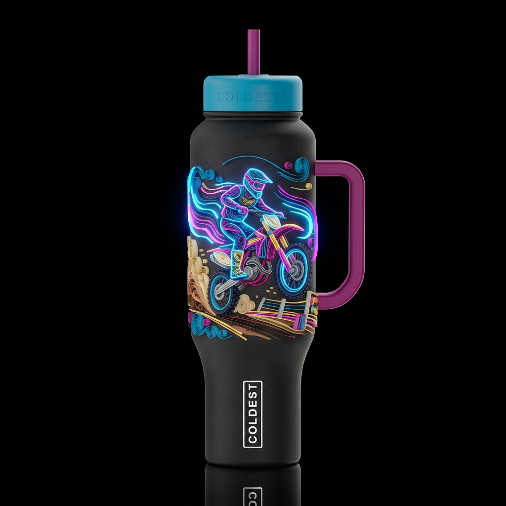 Quilling paper cut art, motocross glowie water bottle design