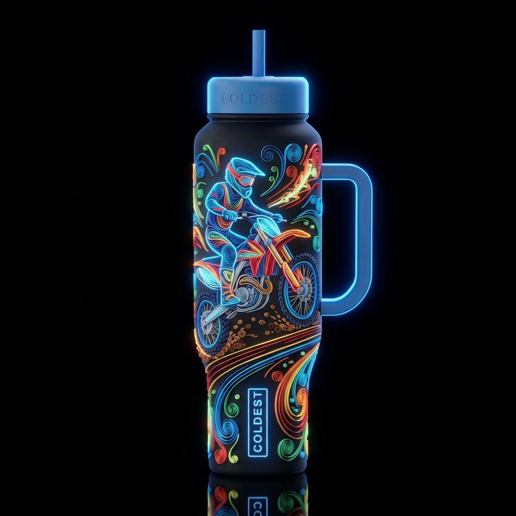 Quilling paper cut art, motocross glowie water bottle design
