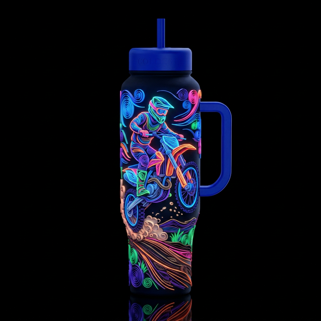 Quilling paper cut art, motocross glowie water bottle design