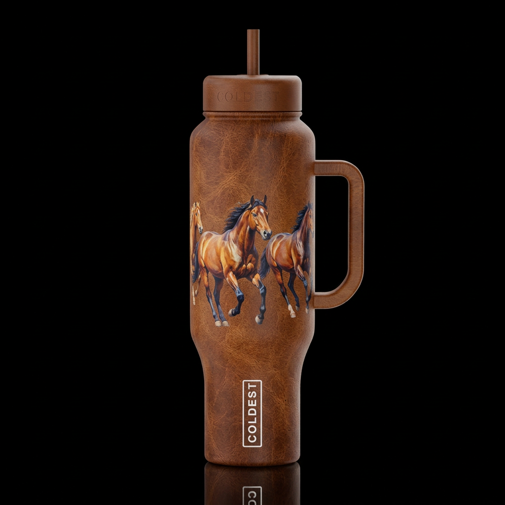 horses, mustang leather, realism water bottle design