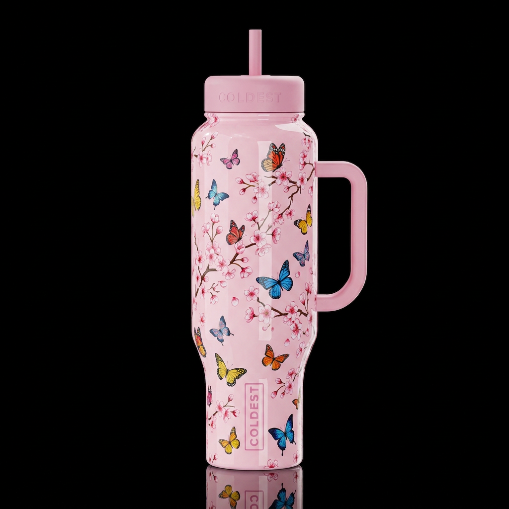 cherry blossoms colorful butter flies light pink b... water bottle design