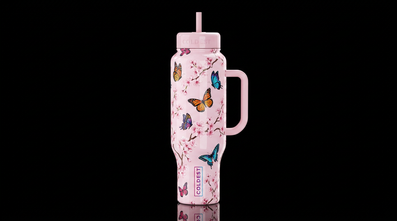 cherry blossoms colorful butter flies light pink b... water bottle design