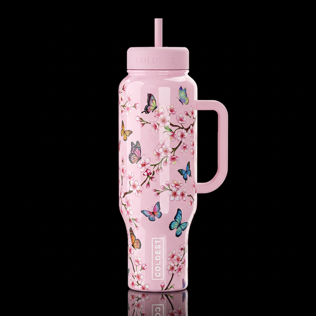 cherry blossoms colorful butter flies light pink b... water bottle design