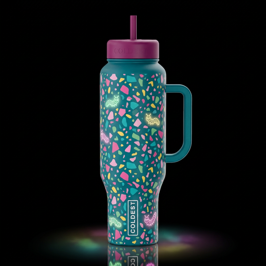 colorful terrazzo backround whimsical caterpillar ... water bottle design