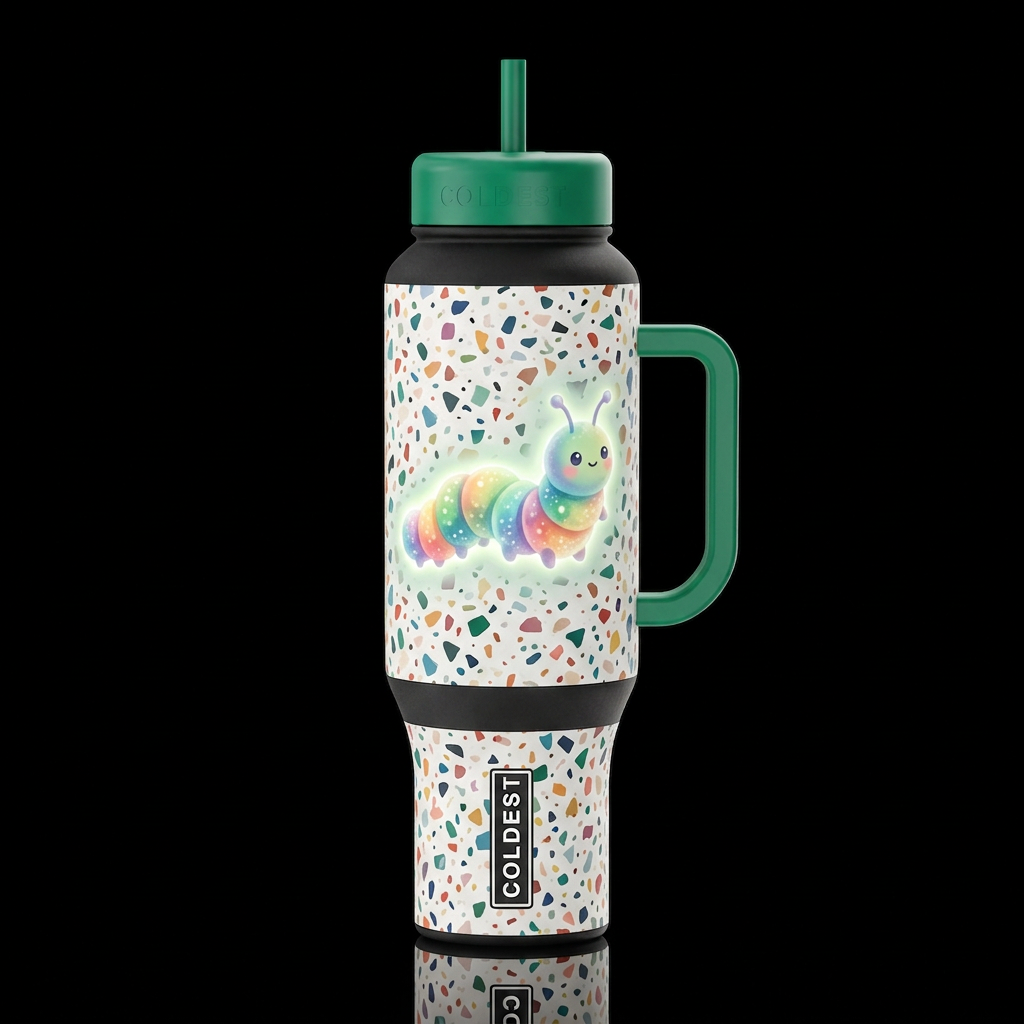 colorful terrazzo backround whimsical caterpillar ... water bottle design