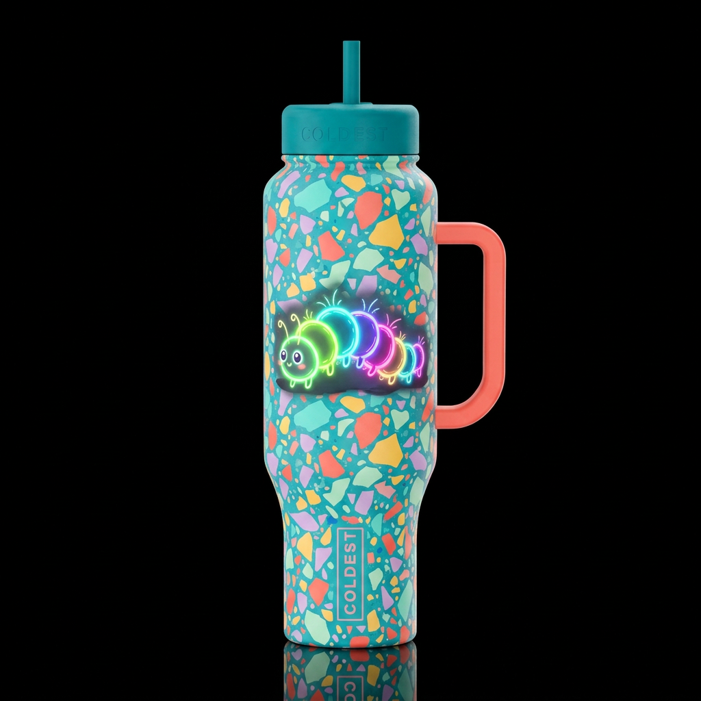 colorful terrazzo backround whimsical caterpillar ... water bottle design