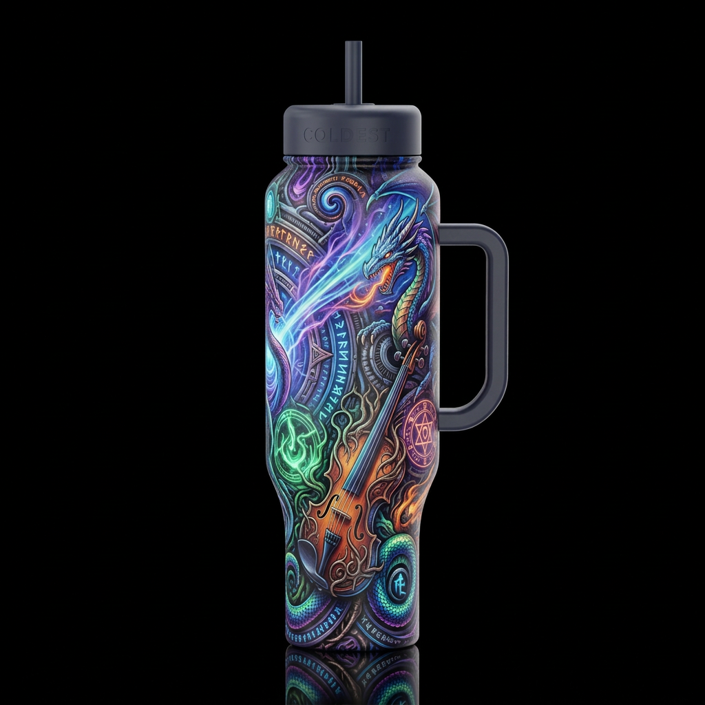 beam, violin, dragon, magical, fantasy abstract, d... water bottle design