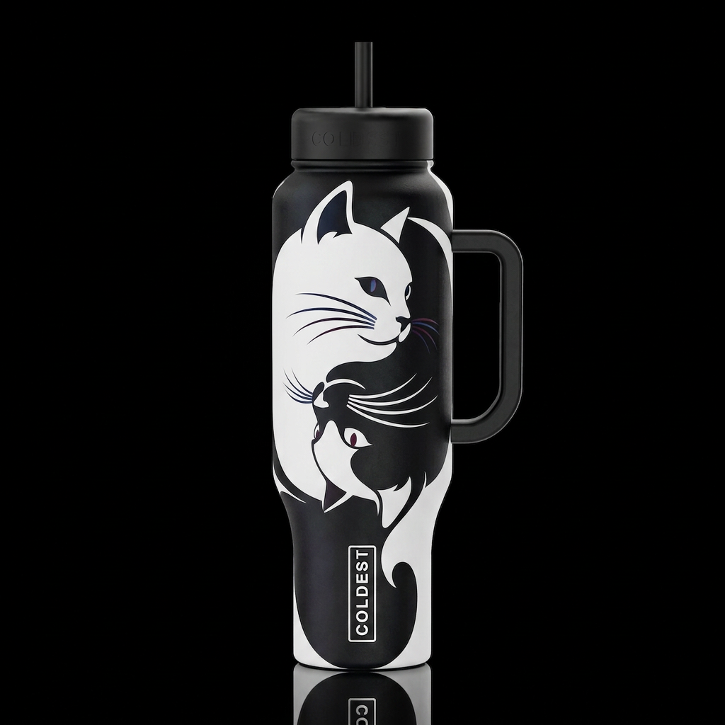black and white Yin Yang cats with wiskers water bottle design