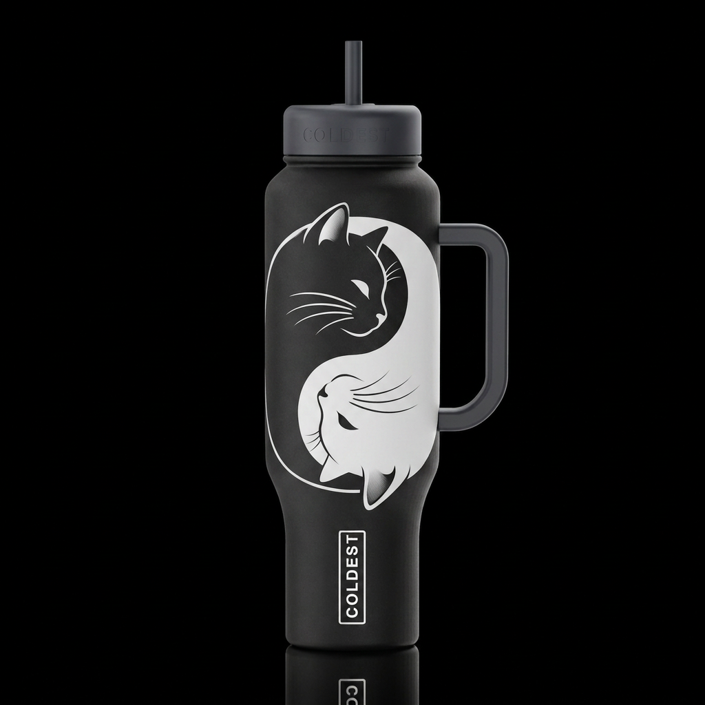 black and white Yin Yang cats with wiskers water bottle design