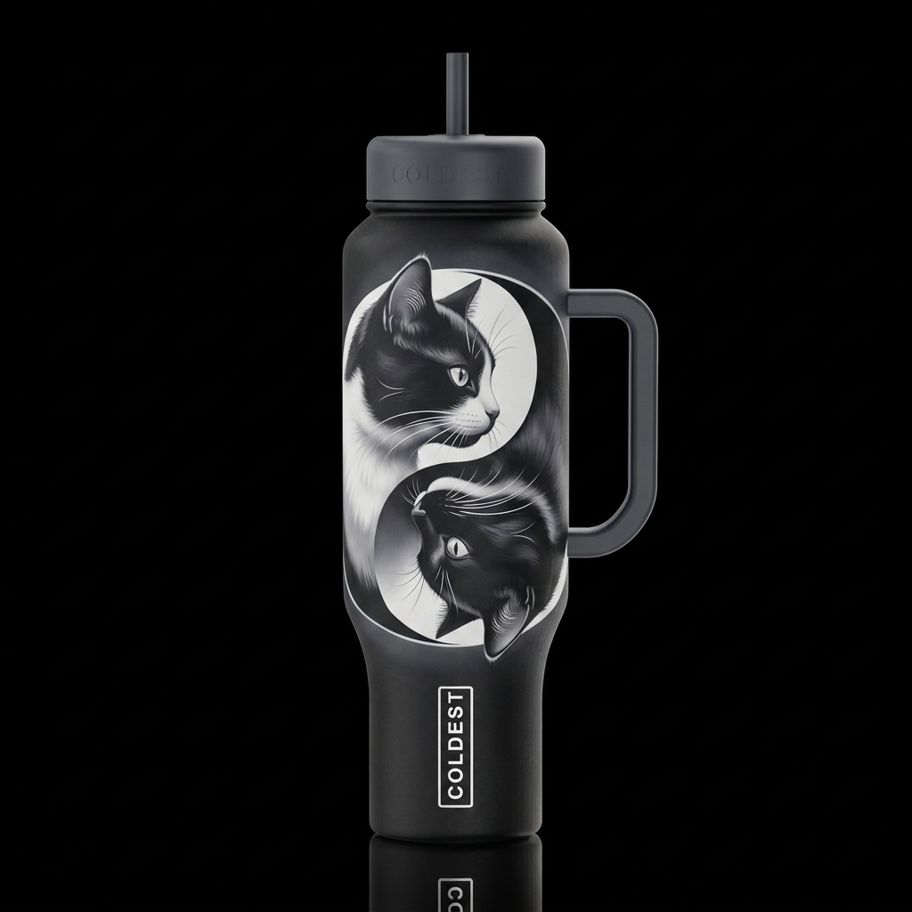 black and white Yin Yang cats with wiskers water bottle design