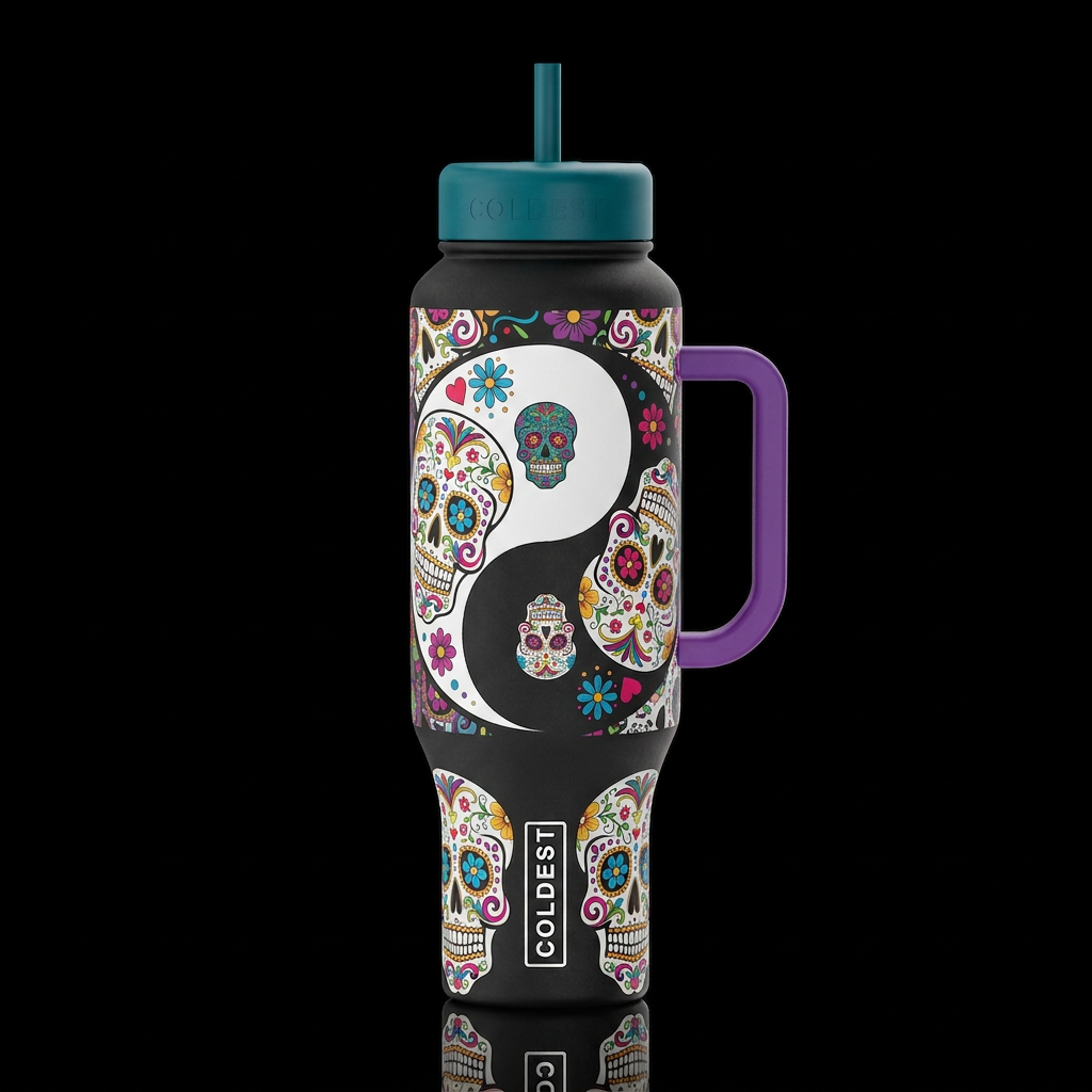 colorful day of the dead skulls Yin Yang water bottle design