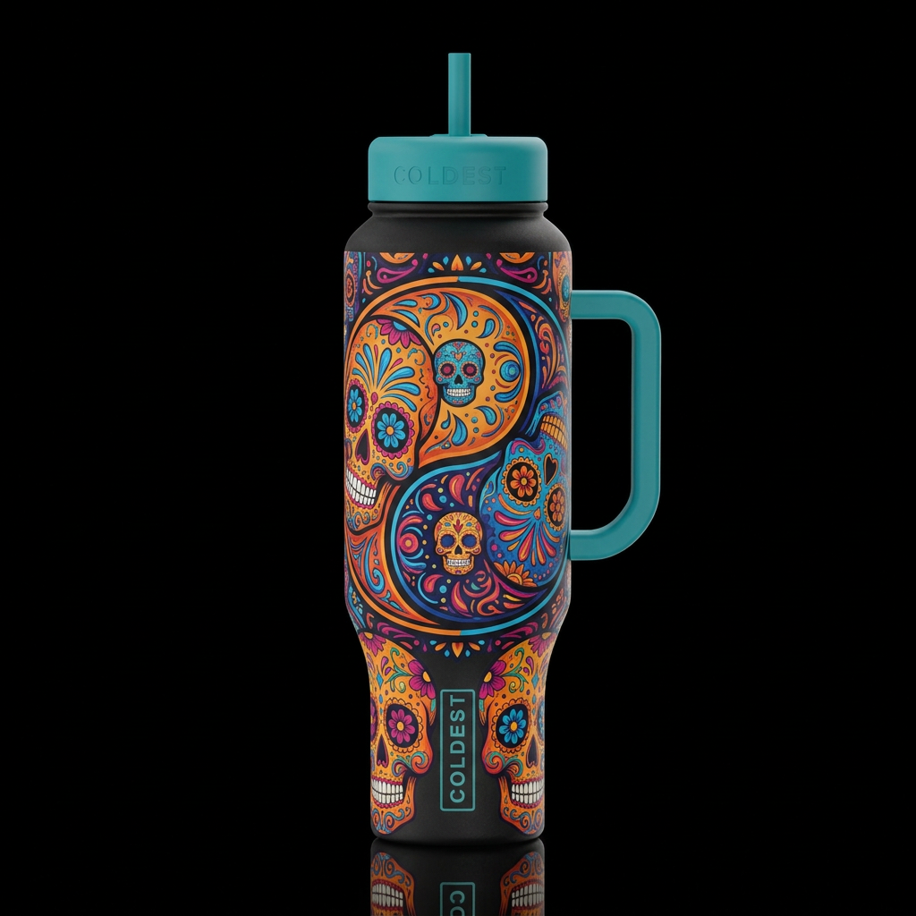 colorful day of the dead skulls Yin Yang water bottle design