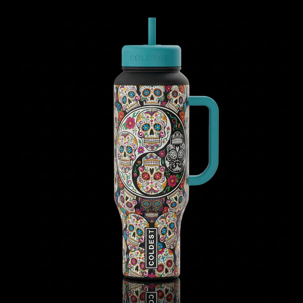 colorful day of the dead skulls Yin Yang water bottle design