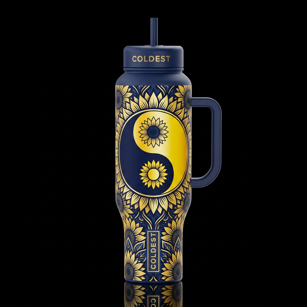 navy blue white yellow black Gold sunflower Yin Ya... water bottle design