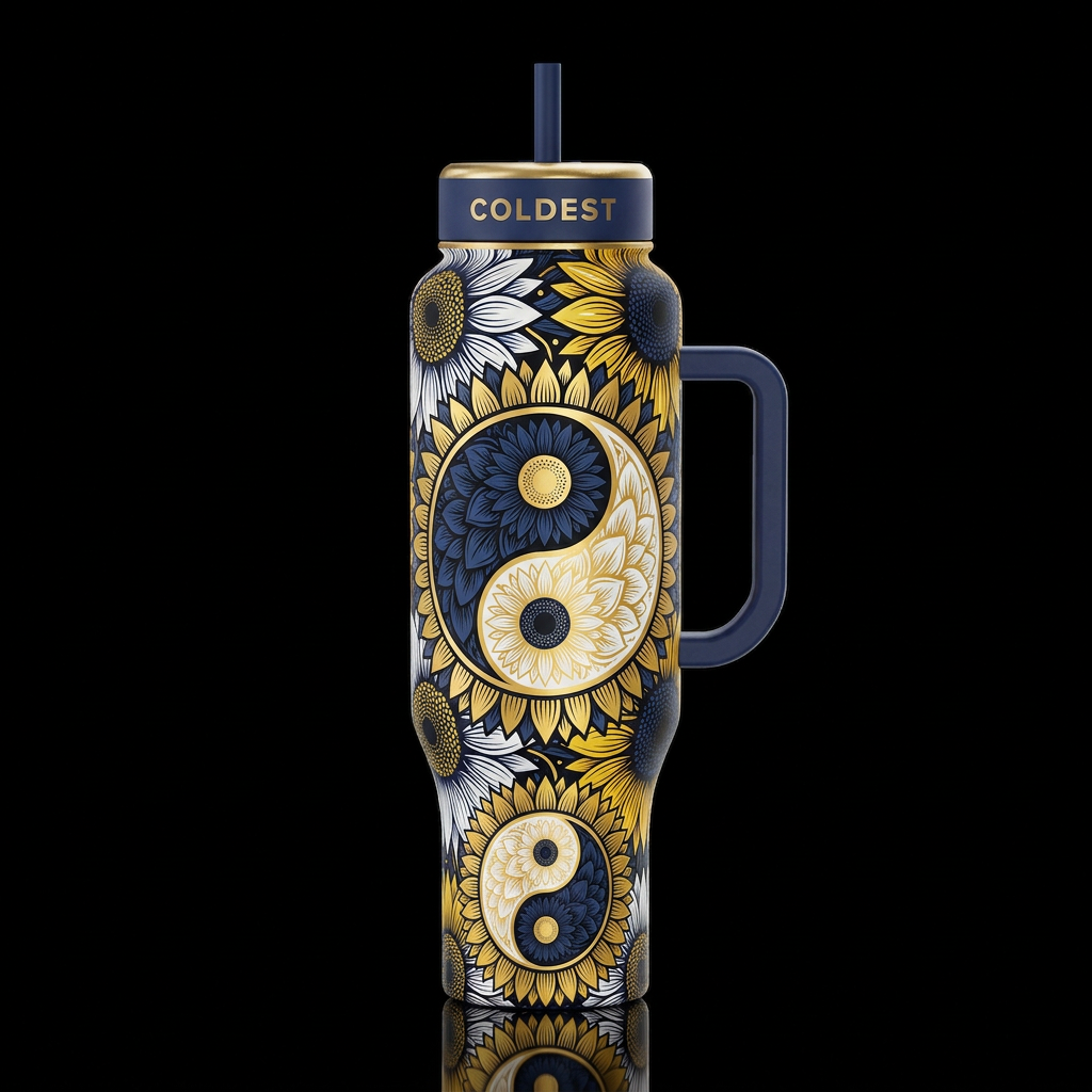 navy blue white yellow black Gold sunflower Yin Ya... water bottle design
