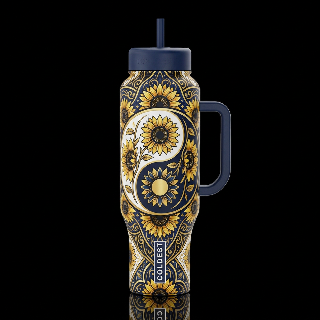 navy blue white yellow black Gold sunflower Yin Ya... water bottle design