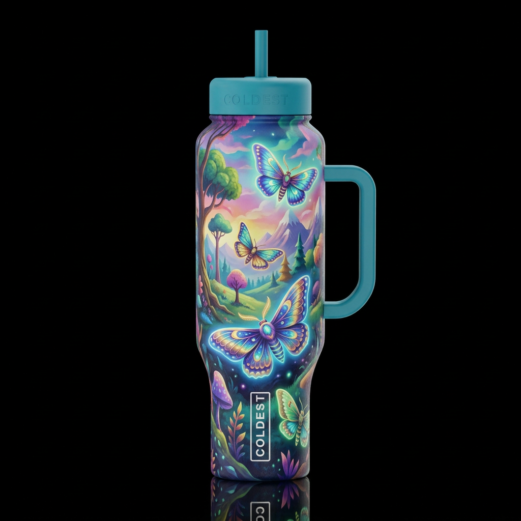 whimsical colorful, landscape, moths, vibrant, glo... water bottle design