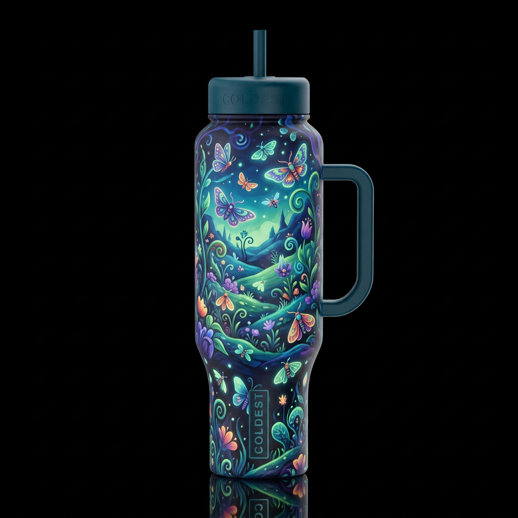 whimsical colorful, landscape, moths, vibrant, glo... water bottle design