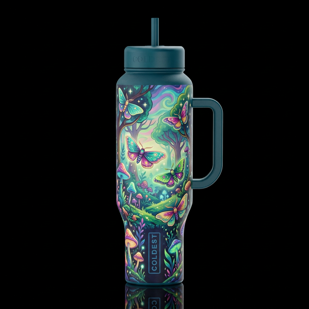 whimsical colorful, landscape, moths, vibrant, glo... water bottle design