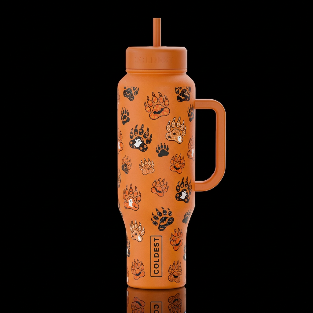 whimsical Halloween bear paw prints orange back ro... water bottle design