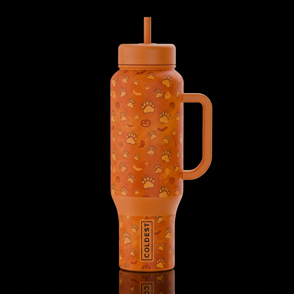 whimsical Halloween bear paw prints orange back ro... water bottle design