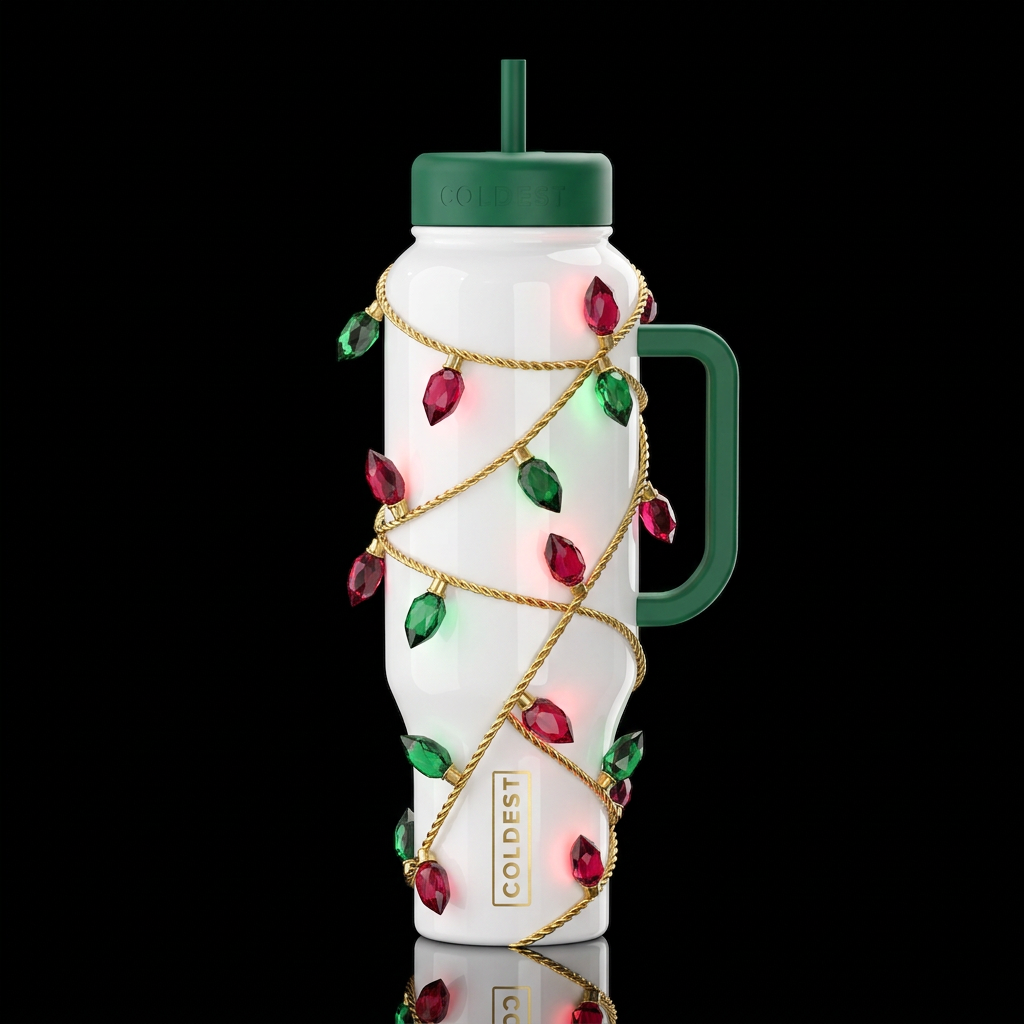 Christmas lights made of ruby's and emeralds on a ... water bottle design