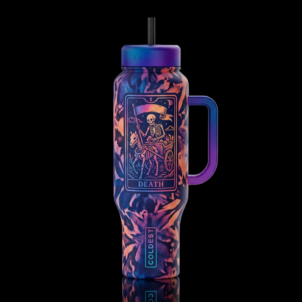 bleach effect, the death taro card with a skeleton water bottle design