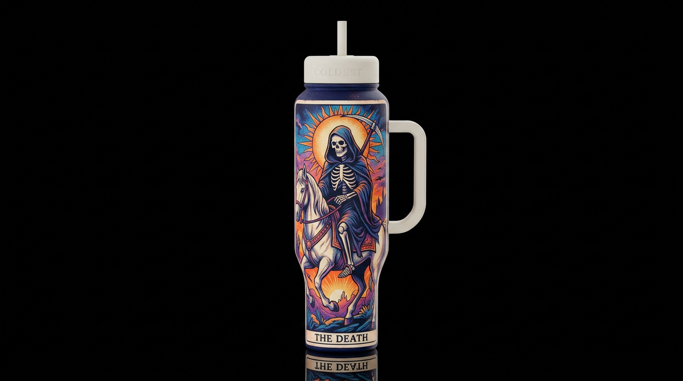 bleach effect, the death taro card with a skeleton water bottle design